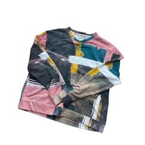 ADPT Abstract Art Print Crewneck‎ Sweatshirt Pink Black Yellow Teal